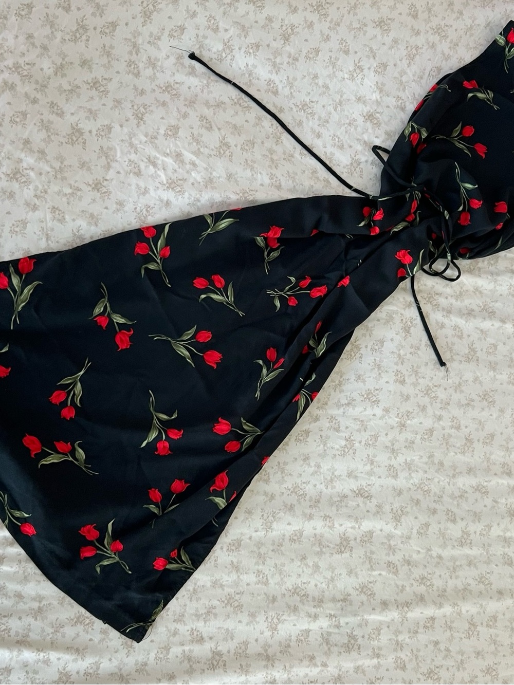 Black Floral Slip Dress with Red Tulip Print